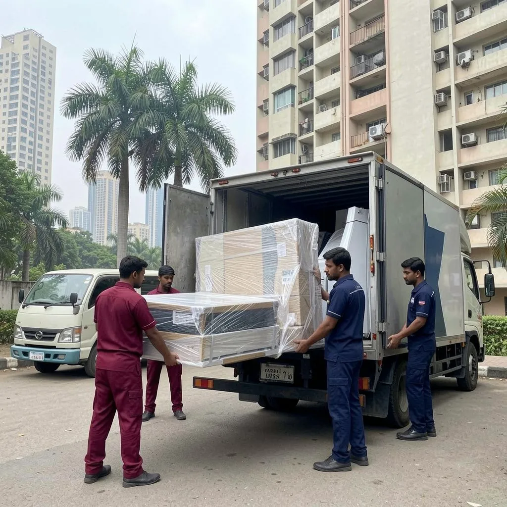 Professional packers and movers in Mumbai loading household items and furniture into a moving truck outside a residential apartment building