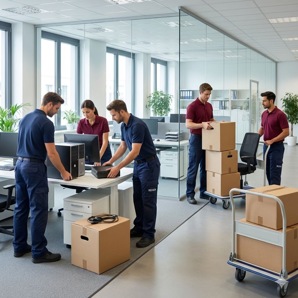 Professional movers packing office furniture, computers, and files in a modern workspace during a safe and organized corporate relocation.