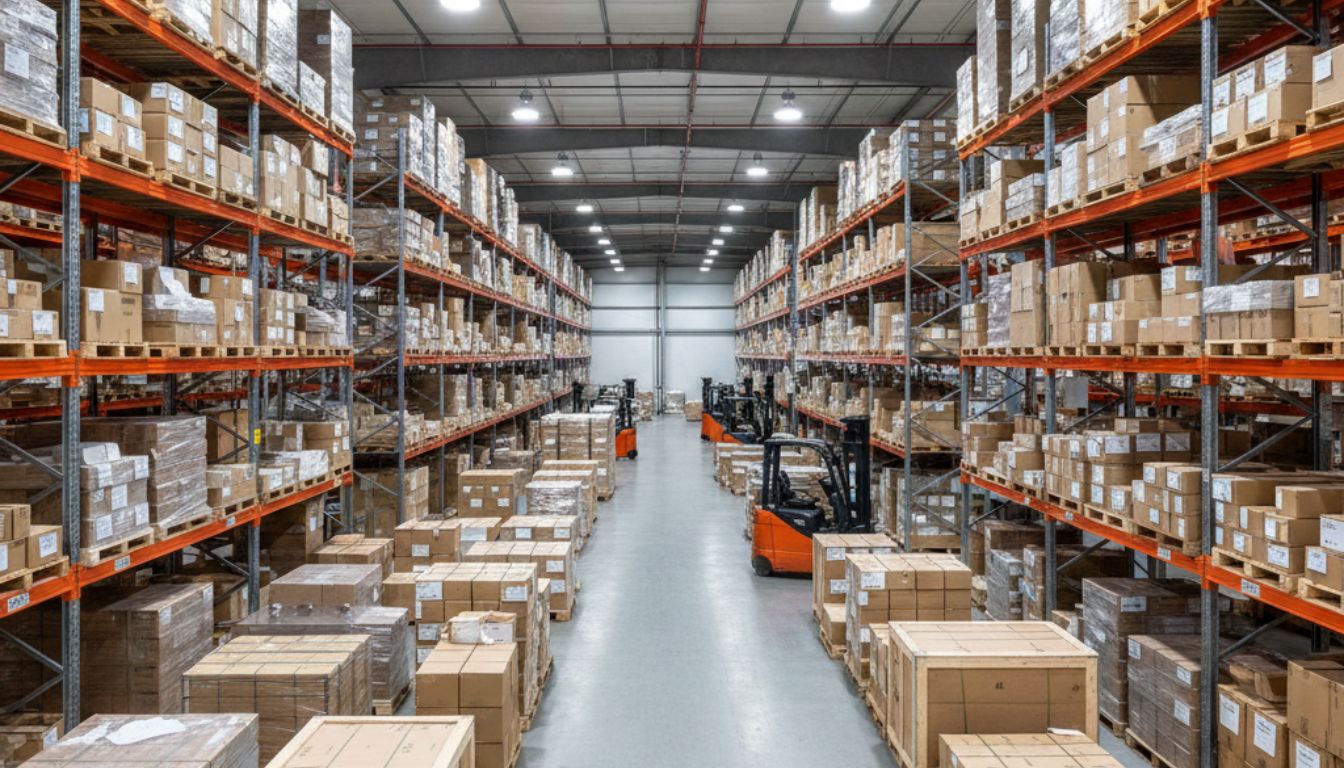 Warehouse logistics team managing shipments with cartons, pallets, and forklifts for efficient transport and supply chain operations.