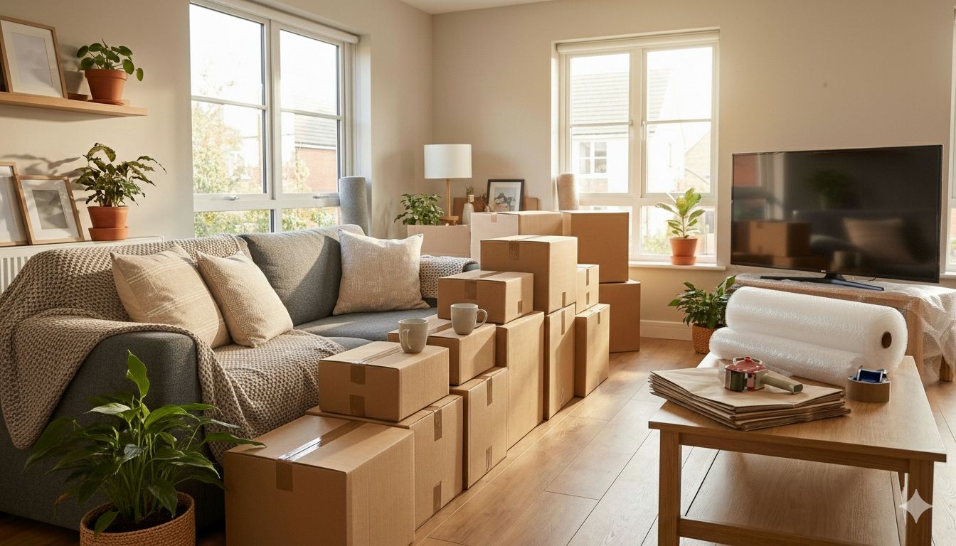 Indian movers carefully packing household goods inside a home using bubble wrap, cartons, and protective materials for damage-free shifting.
